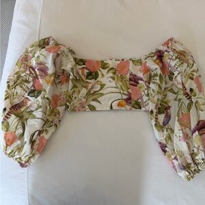 Cara Cara Floral Puff Sleeve Crop Top in White, Pink & Green